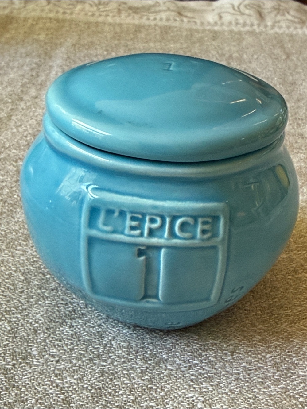 Anthropologie L’Epice #1 Ceramic Spice Jar Blue color embossed French style